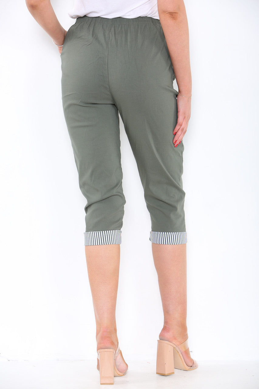 CROPPED STRETCH STRIPE HEM CHERRY BERRY TROUSERS KHAKI