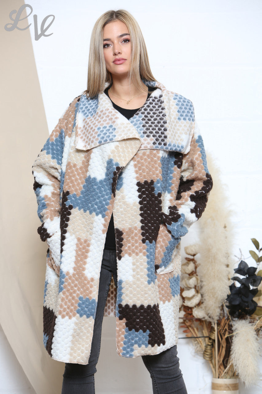 Ladies Patchwork Print Waterfall Coat Light Blue