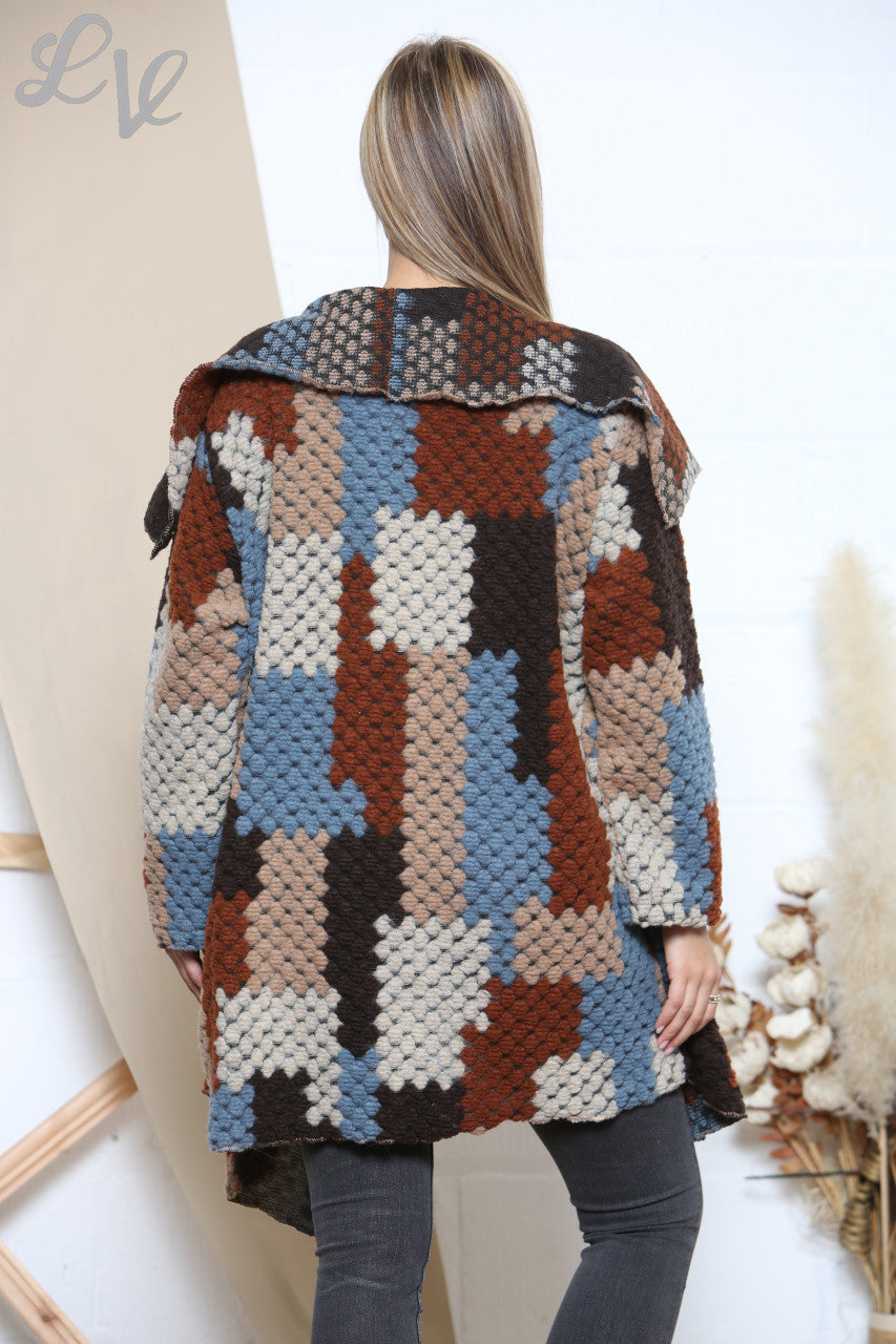 Dames Jas met Watervalhals en Patchworkprint Bruin