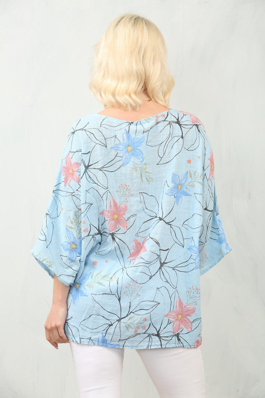 TOP MET BLOEMENSTENCILPRINT - LICHTBLAUW