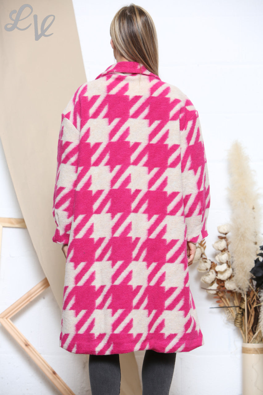 Ladies Hounds tooth Printed Boiled Wool Coat Cerise