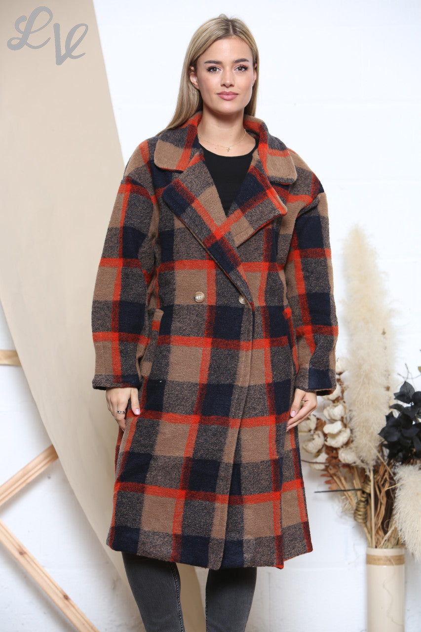 Ladies Check Printed Boiled Wool Coat Brown