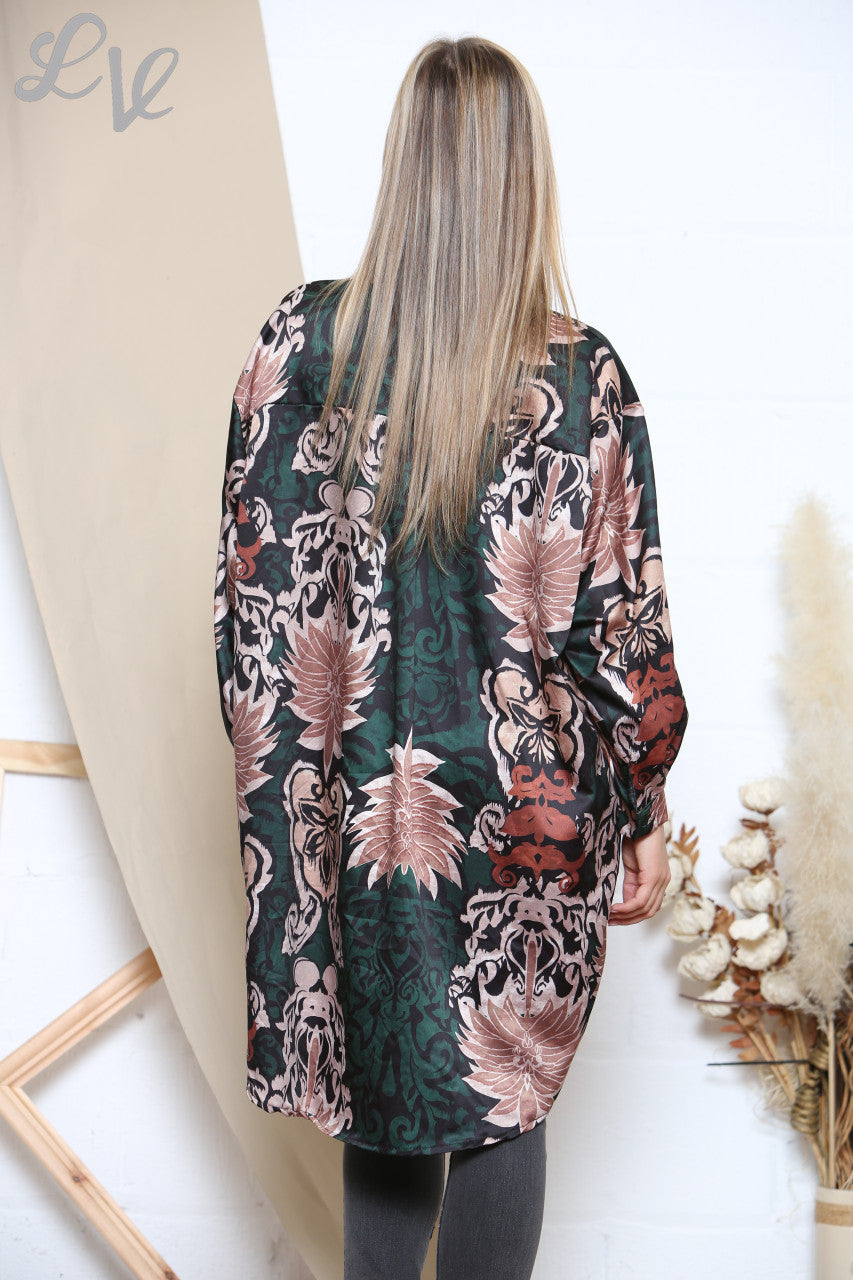 Ladies Damask Paisley Leaf Print Shirt Green