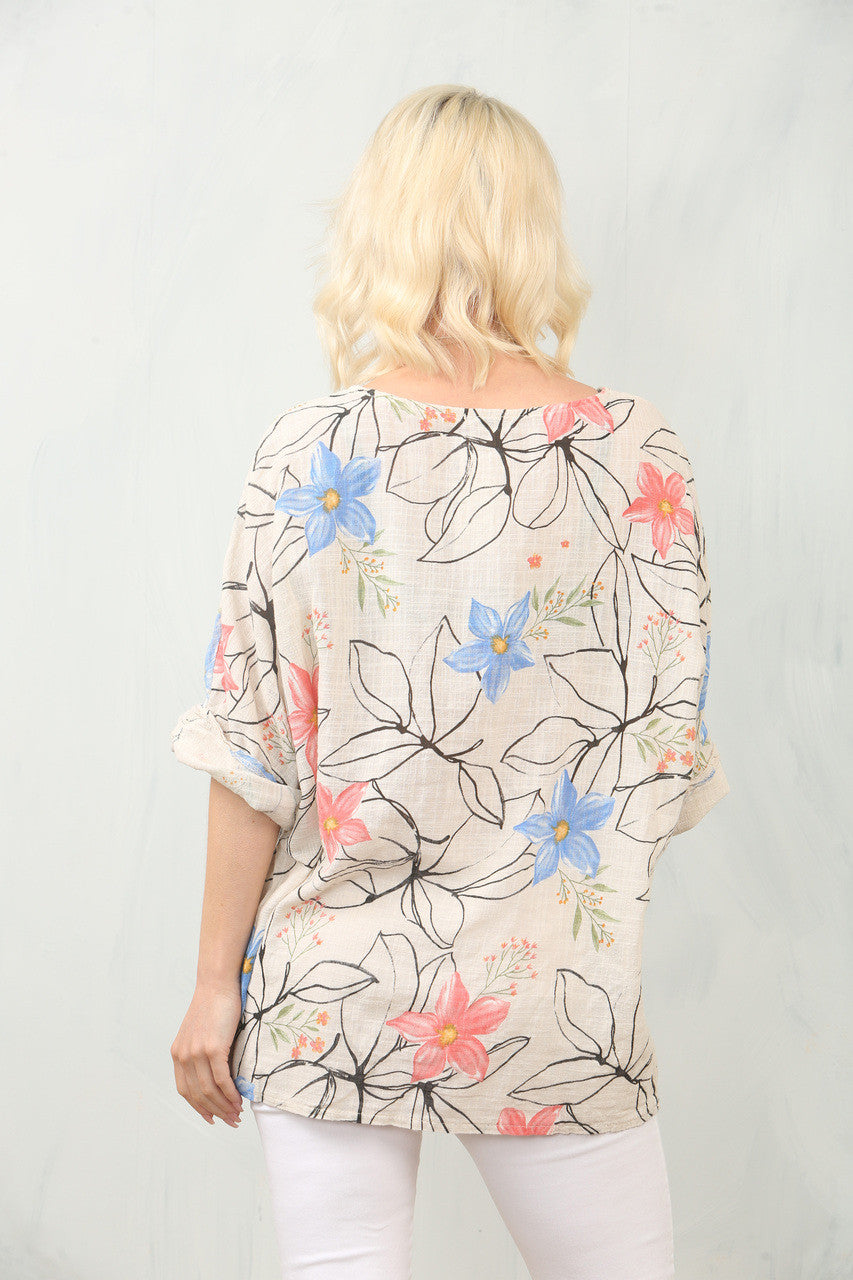 TOP MET BLOEMENSTENCILPRINT - STONE