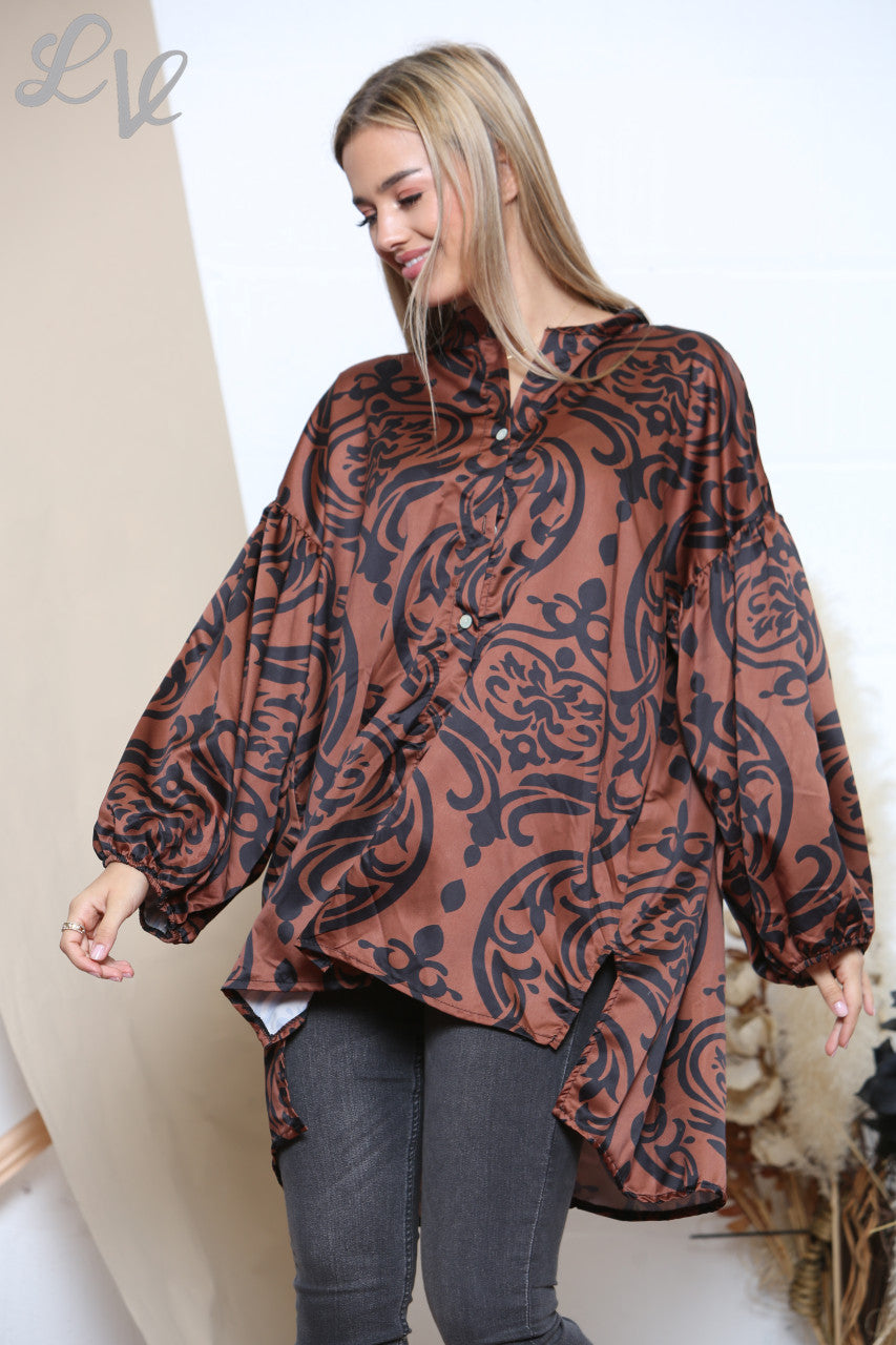 Ladies Damask Print Shirt Rust