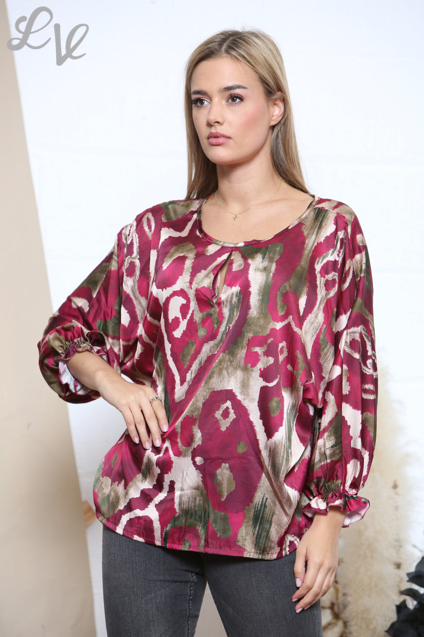 Ladies Swirl Abstract Blouse Burgundy