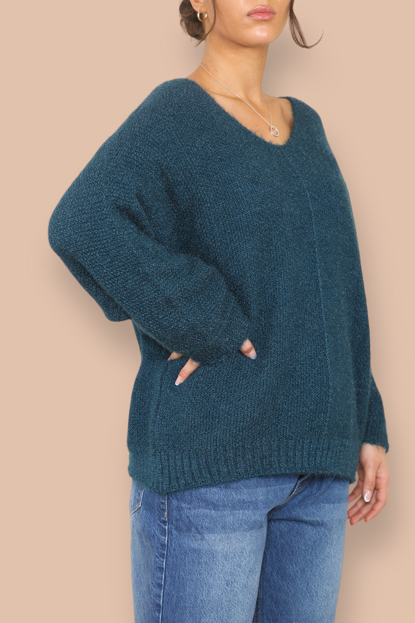 SOFT FLUFFY KNIT V-NECK JUMPER TEAL