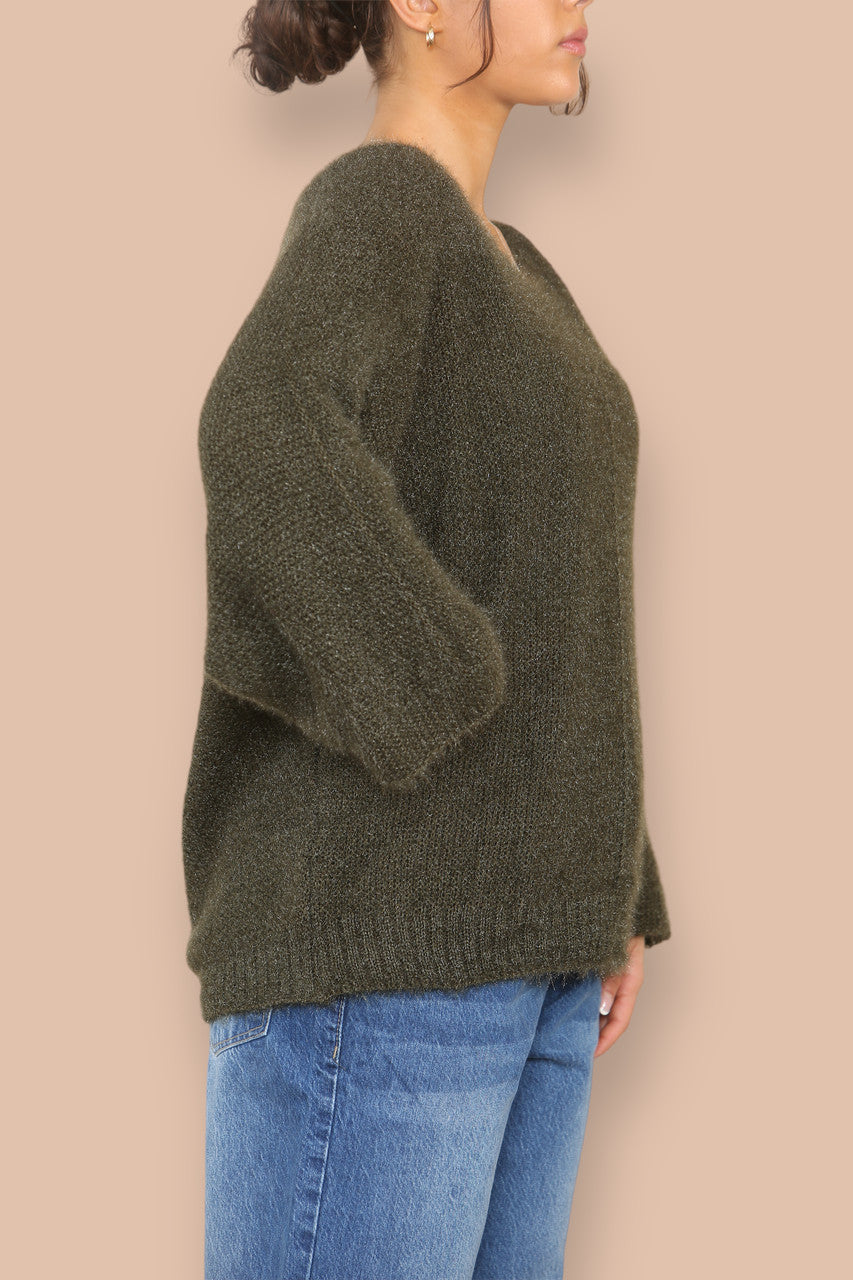 SOFT FLUFFY KNIT V-NECK JUMPER KHAKI