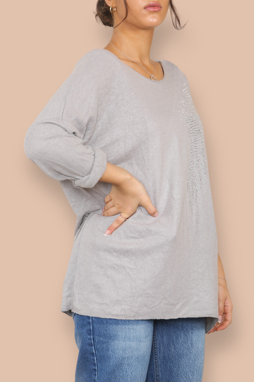DIAMANTE FEATHER FINE KNIT JUMPER STONE