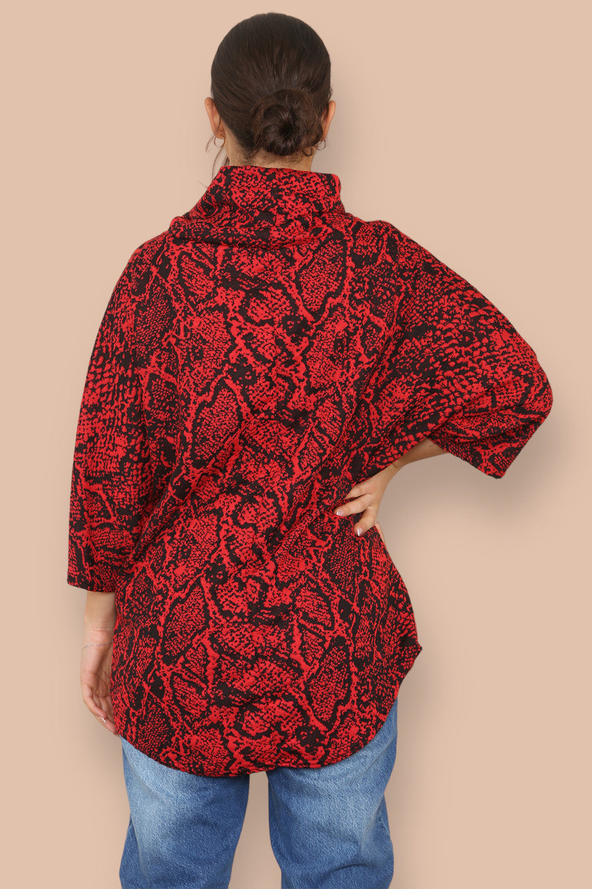 COWL NECK ANIMAL PRINT BATWING JUMPER RED
