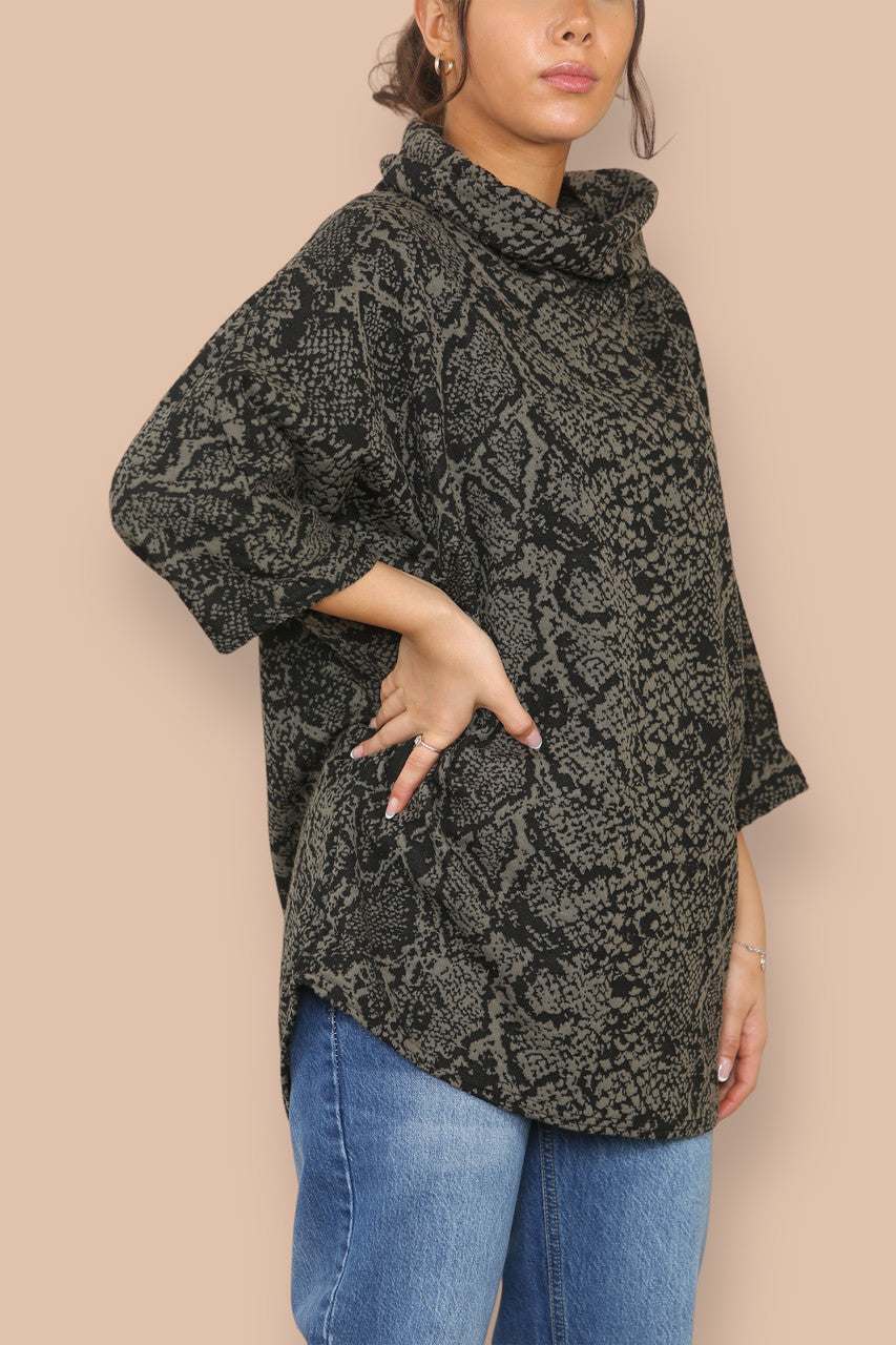 COWL NECK ANIMAL PRINT BATWING JUMPER KHAKI