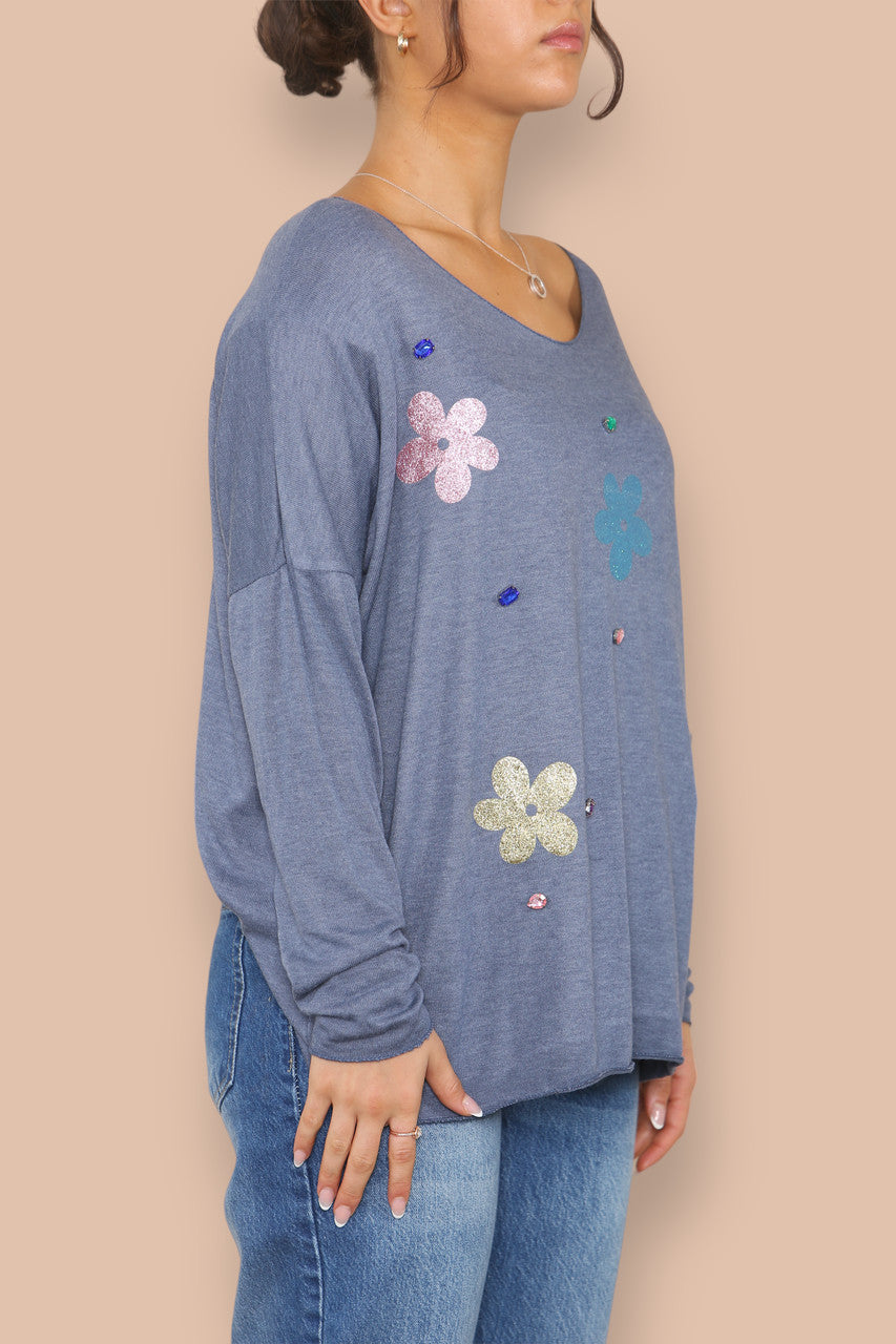 FOIL FLOWERS FINE KNIT JUMPER DENIM