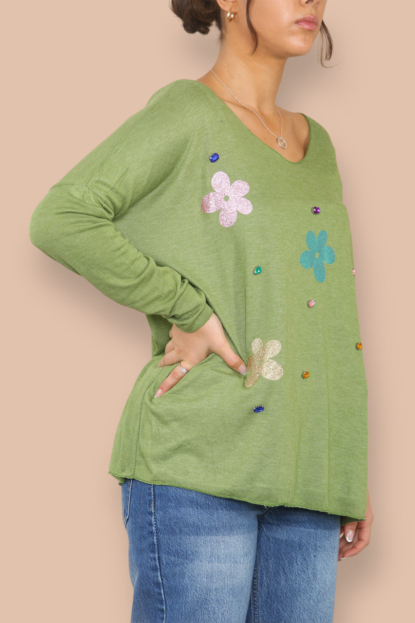 FOIL FLOWERS FINE KNIT JUMPER LIME