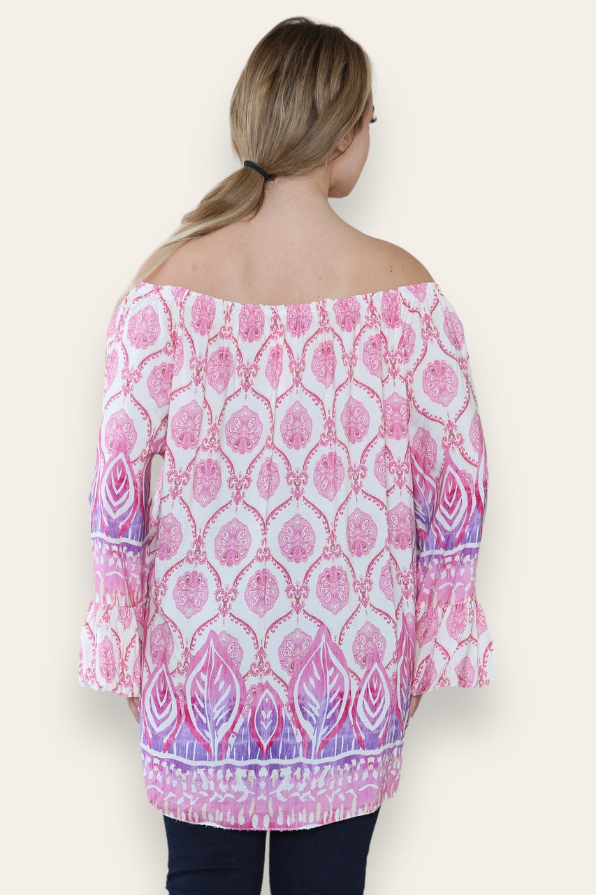 ART NOUVEAU PRINT BARDOT BLOUSE TOP CERISE