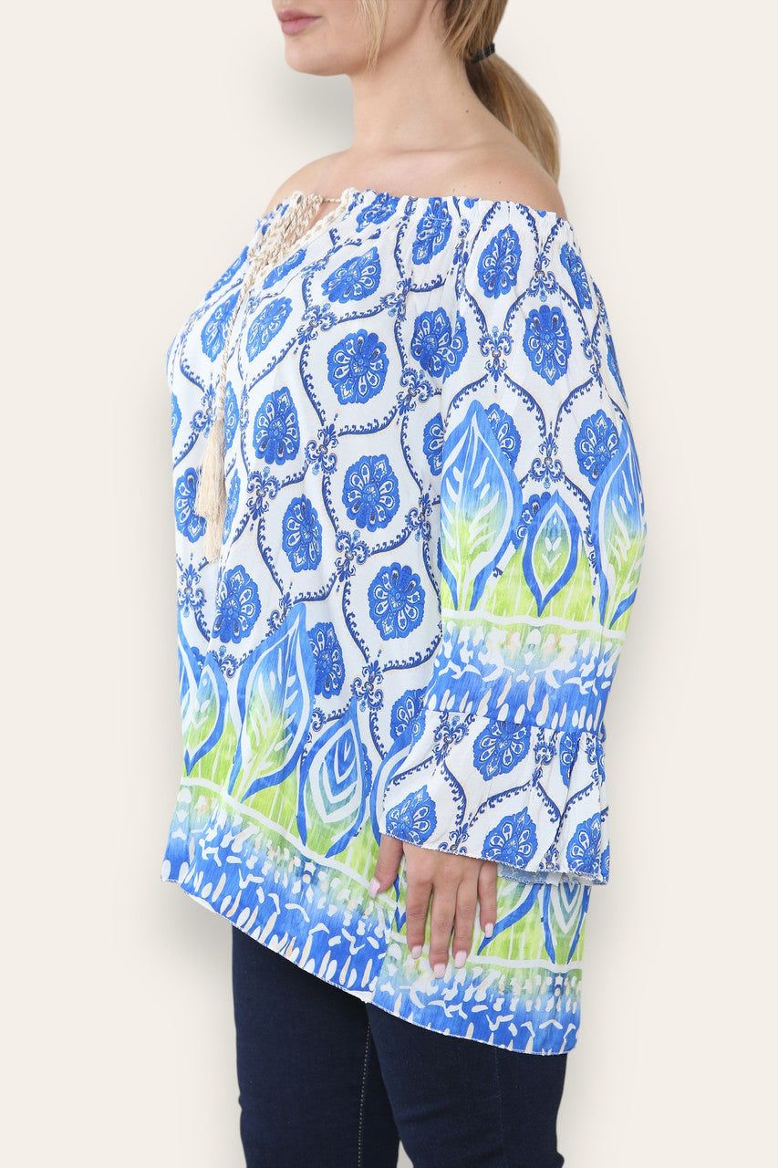 ART NOVEU PRINT BARDOT BLOUSE TOP ROYAL BLUE
