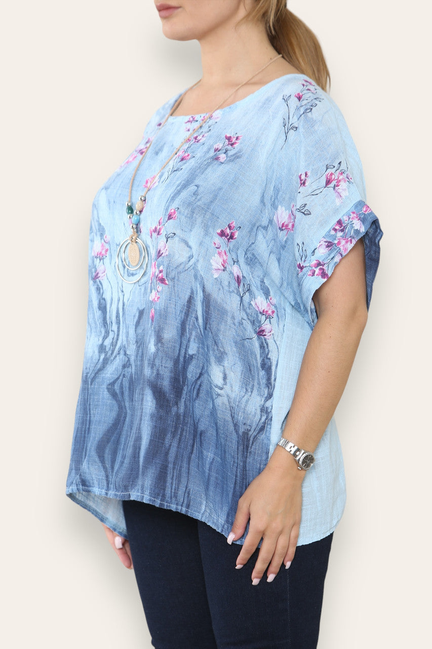 BLOSSOM FLORALE RANDPRINT TOP HEMELSBLAUW