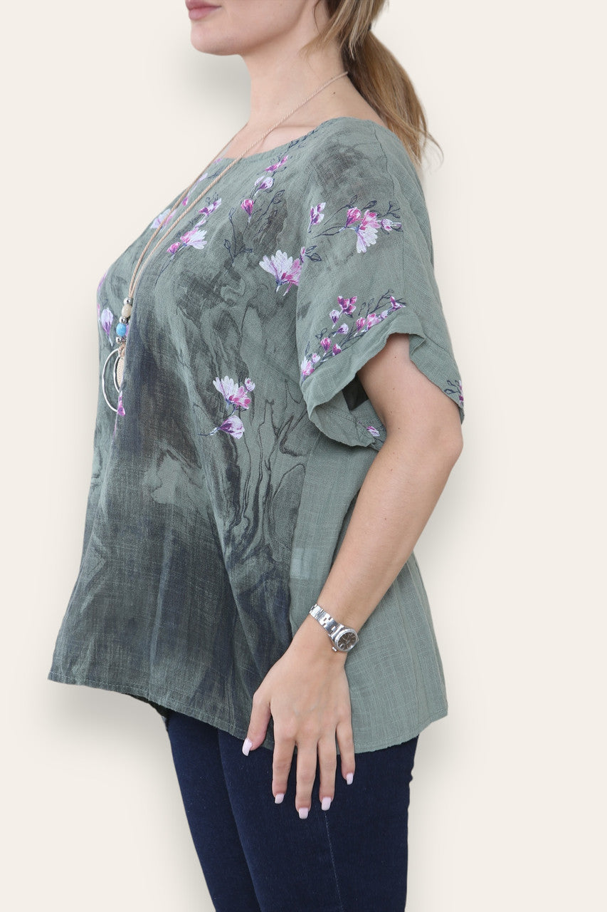 BLOESEM BLOEMENRAND PRINT TOP KHAKI