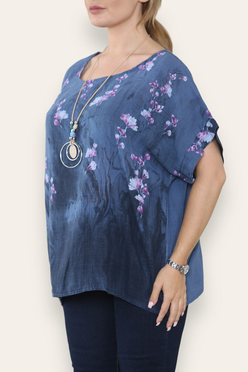 BLOESEM TOP MET BLOEMENRAND DENIM