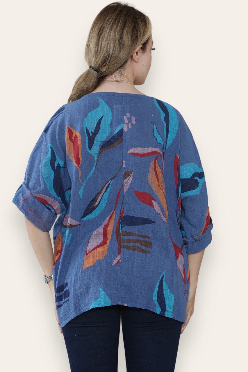 ABSTRACT BLADEREN PRINT TOP DENIM