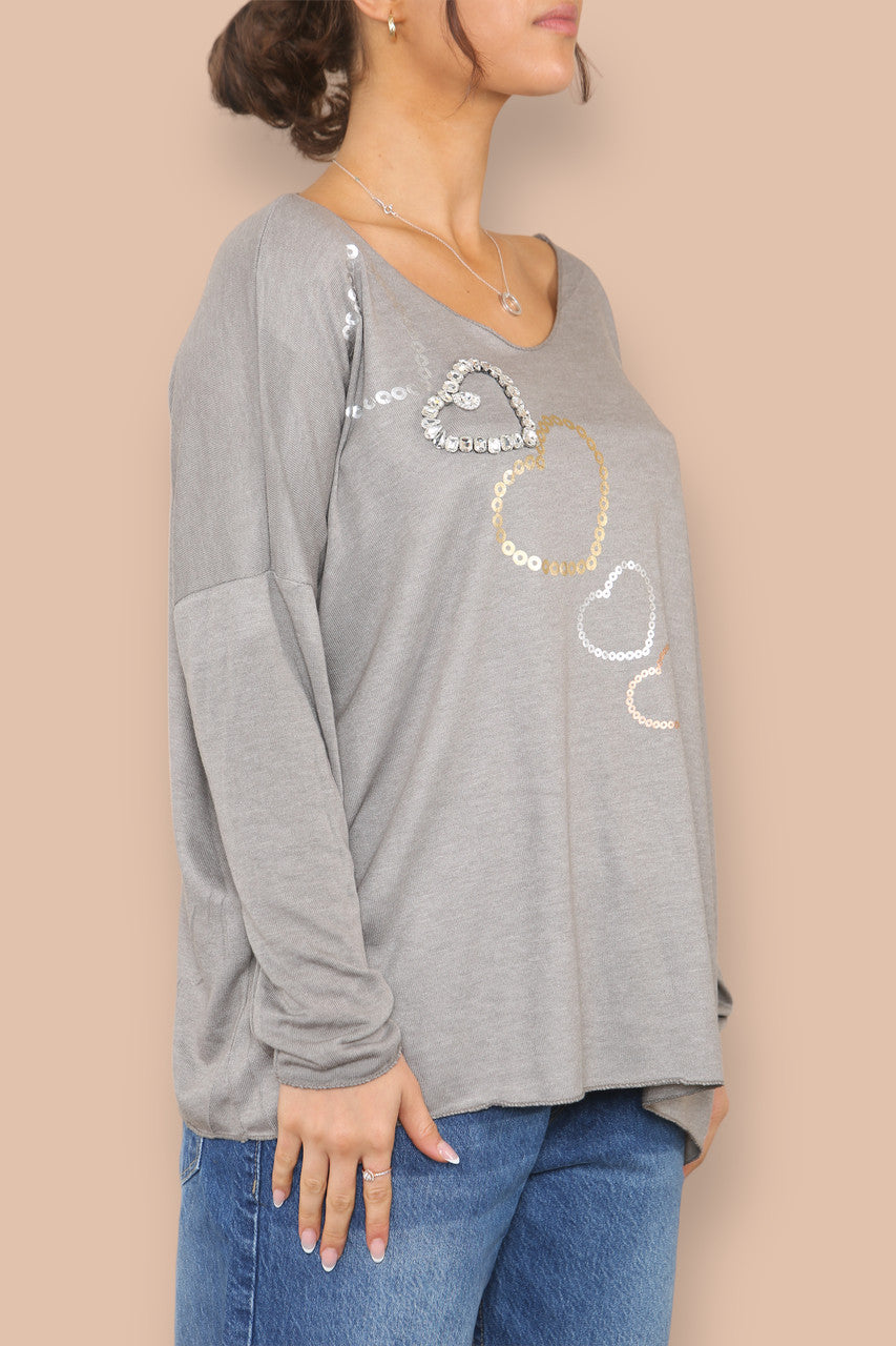 DIAMANTE SEQUIN HEART FINE KNIT JUMPER TAUPE