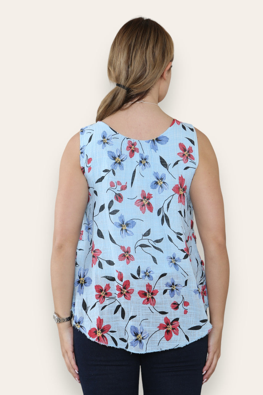 MOUWLOZE TOP MET BLOEMENPRINT – HEMELSBLAUW