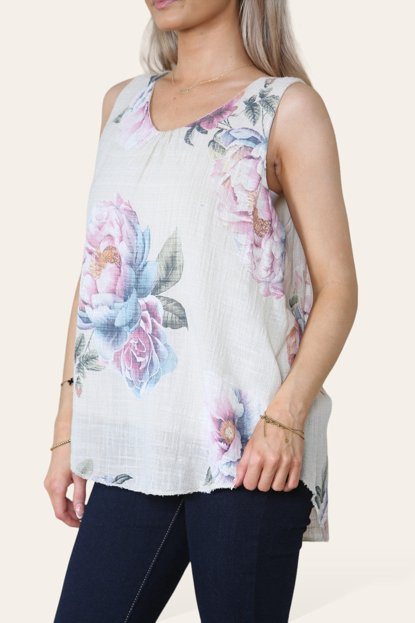 PEONY PRINT SLEEVELESS VEST TOP STONE