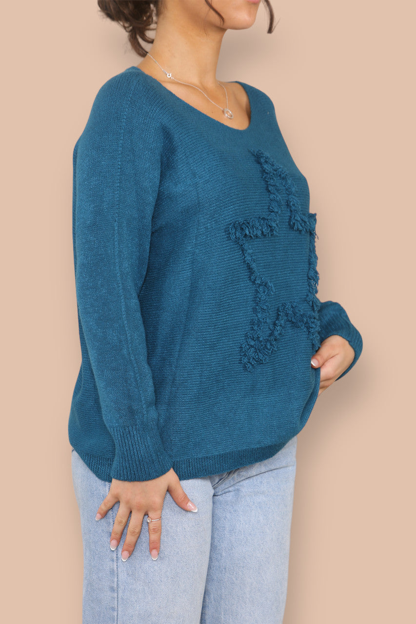 TUFTED STAR KNITTED JUMPER TEAL