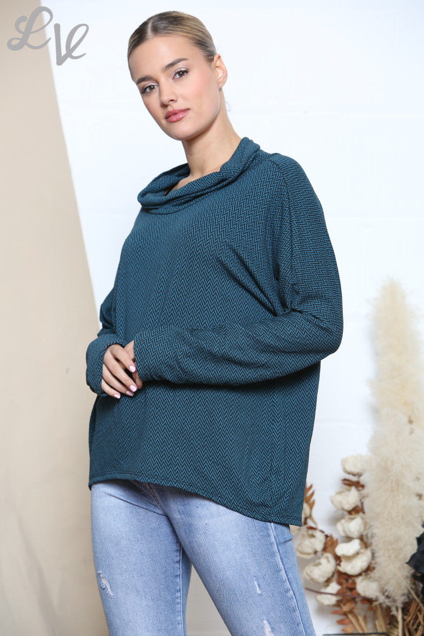 Ladies Cowl Neck Herringbone Print Jumper Teal