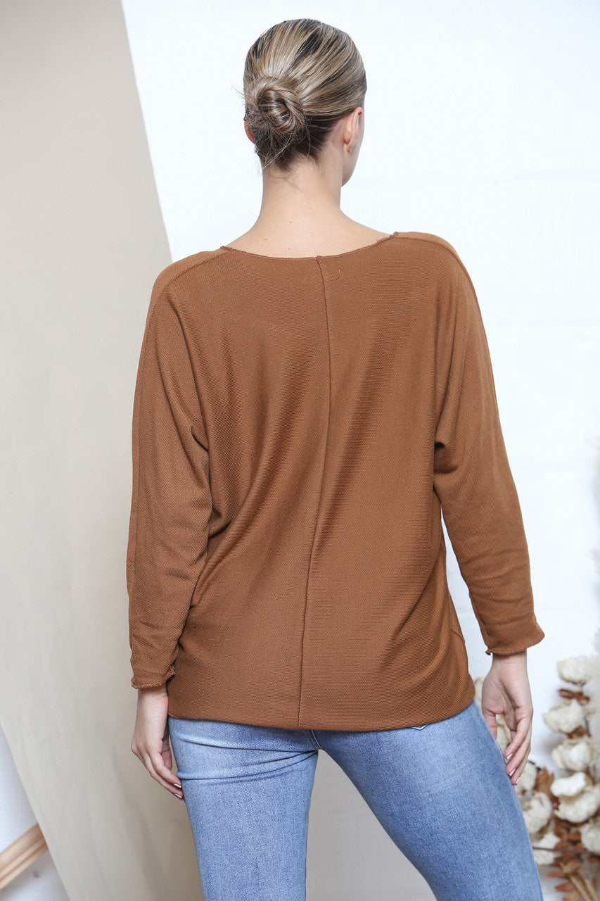 Dames effen trui met V-hals, Tan