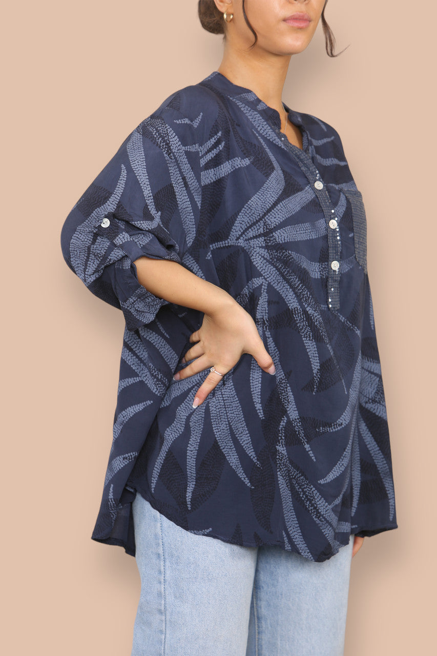 ABSTRACT DOTWORK GRANDAD SHIRT NAVY