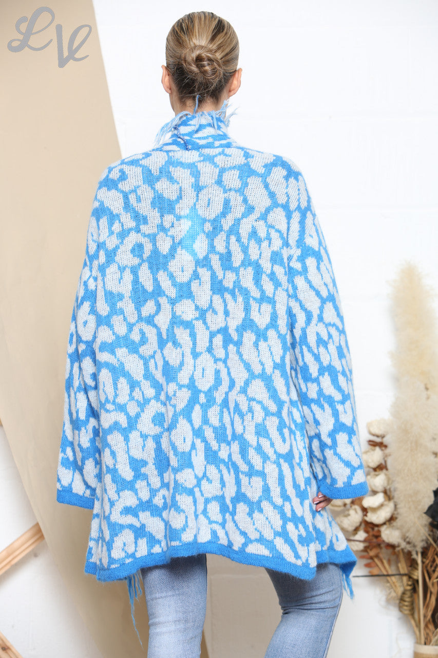 Ladies Slouched Animal Print Knitted Cardigan Turquoise
