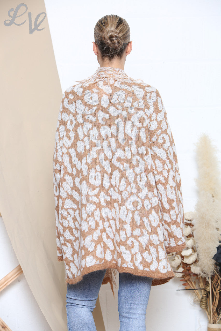 Ladies Slouched Animal Print Knitted Cardigan Tan