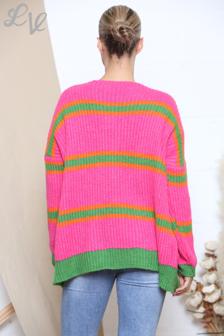 Ladies Colour Stripe Block Knitted Cardigan Cerise