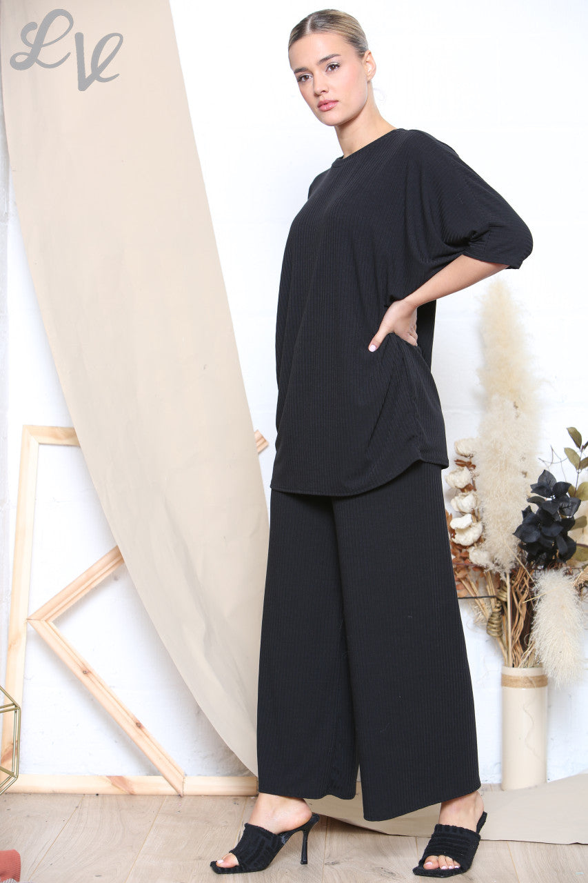 Ladies Ribbed Top & Trouser Set Black