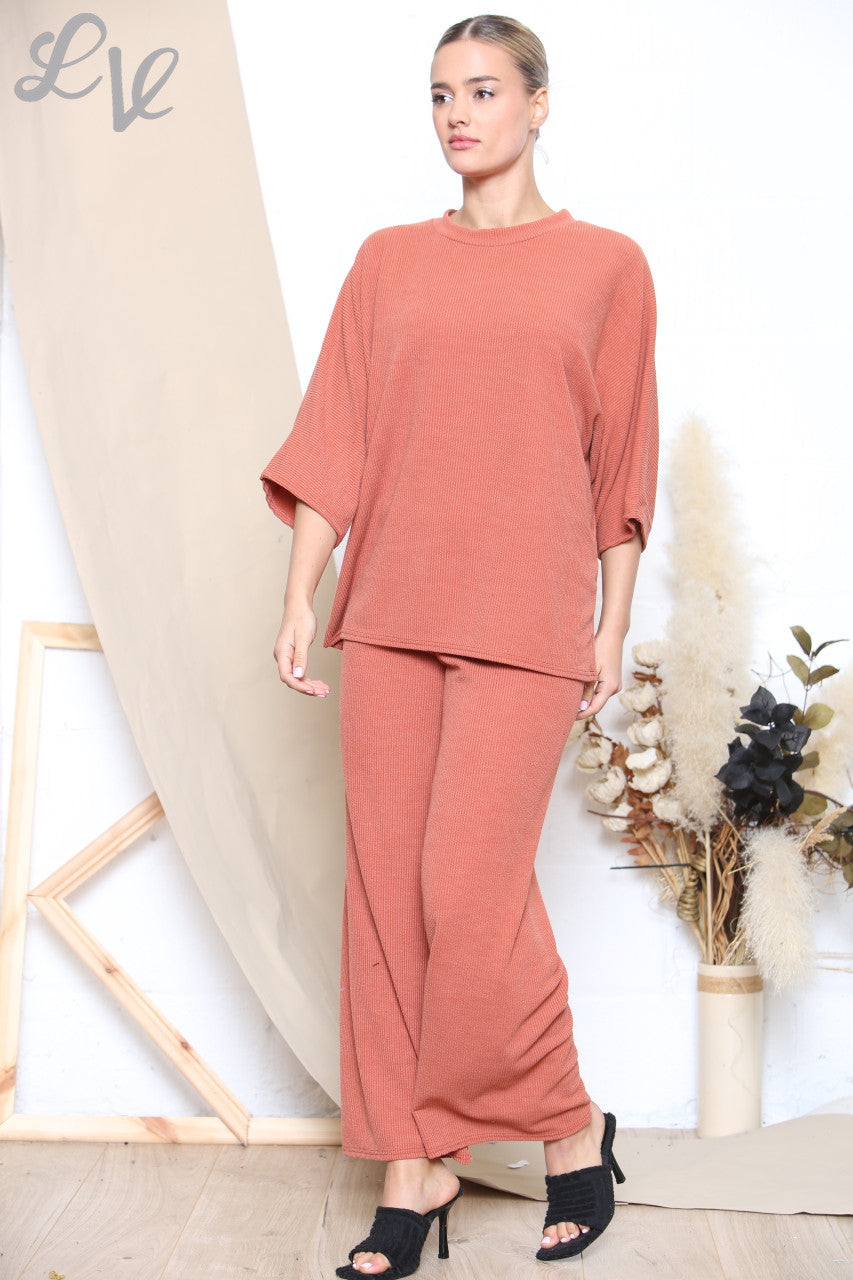 Dames Tweekleurige Geribbelde Top & Broek Set Roest