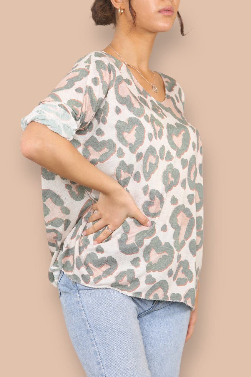 LEOPARD PRINT V-NECK FINE KNIT TOP KHAKI