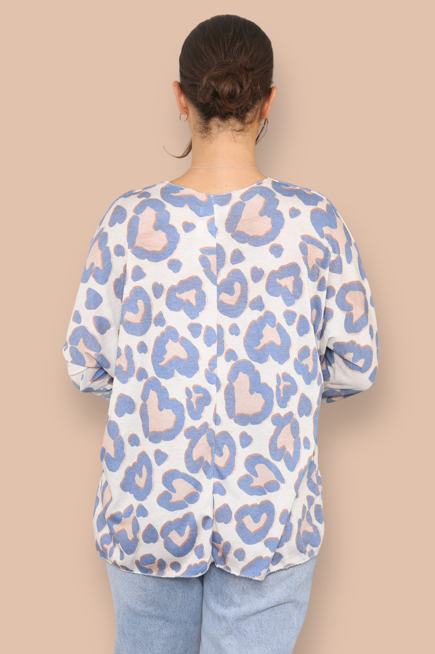 LEOPARD PRINT V-NECK FINE KNIT TOP BLUE