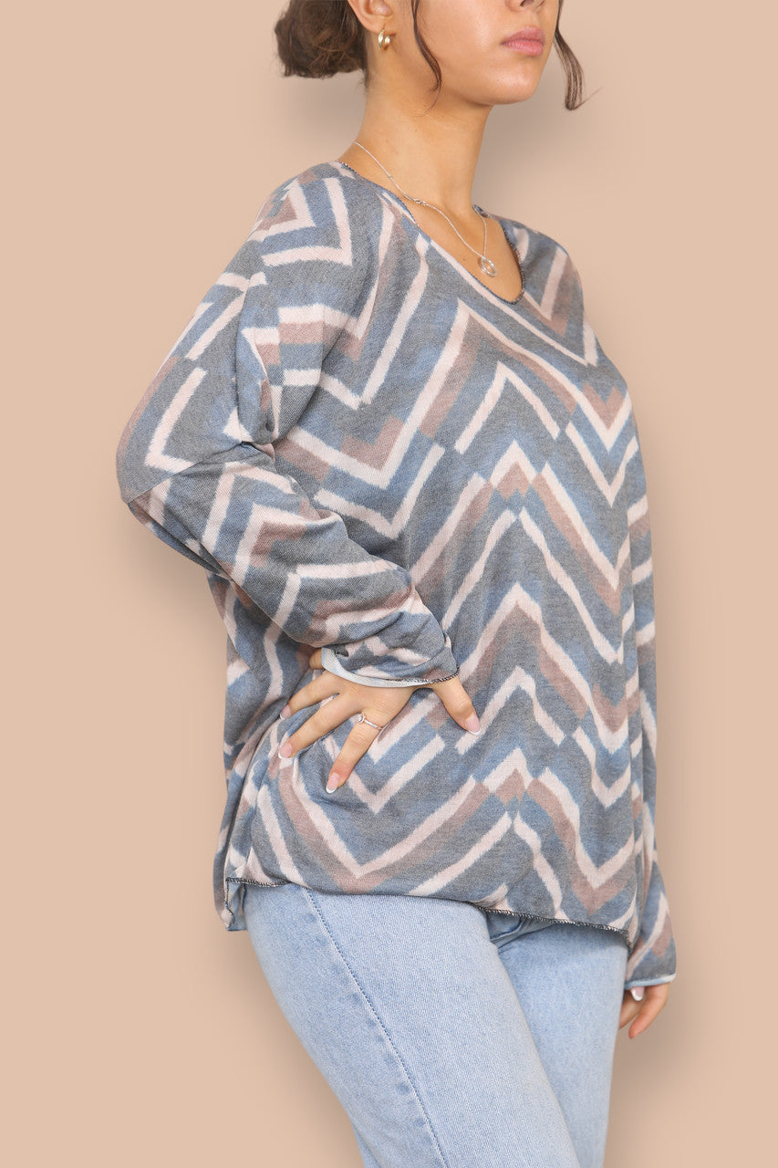 ZIGZAG STREEP FIJNGEBREIDE TOP BLAUW