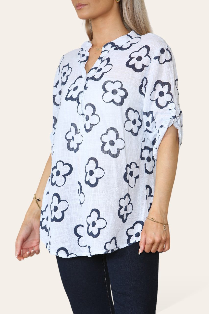HEMD MET BLOEMENPRINT, GRANDAD KRAAG, WIT