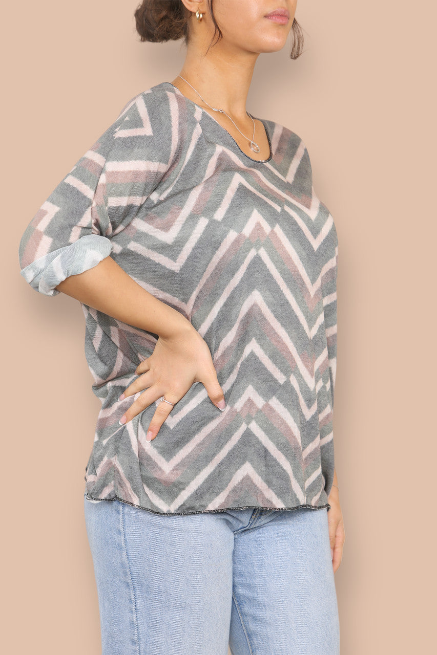 ZIGZAG STRIPE FINE KNIT TOP KHAKI