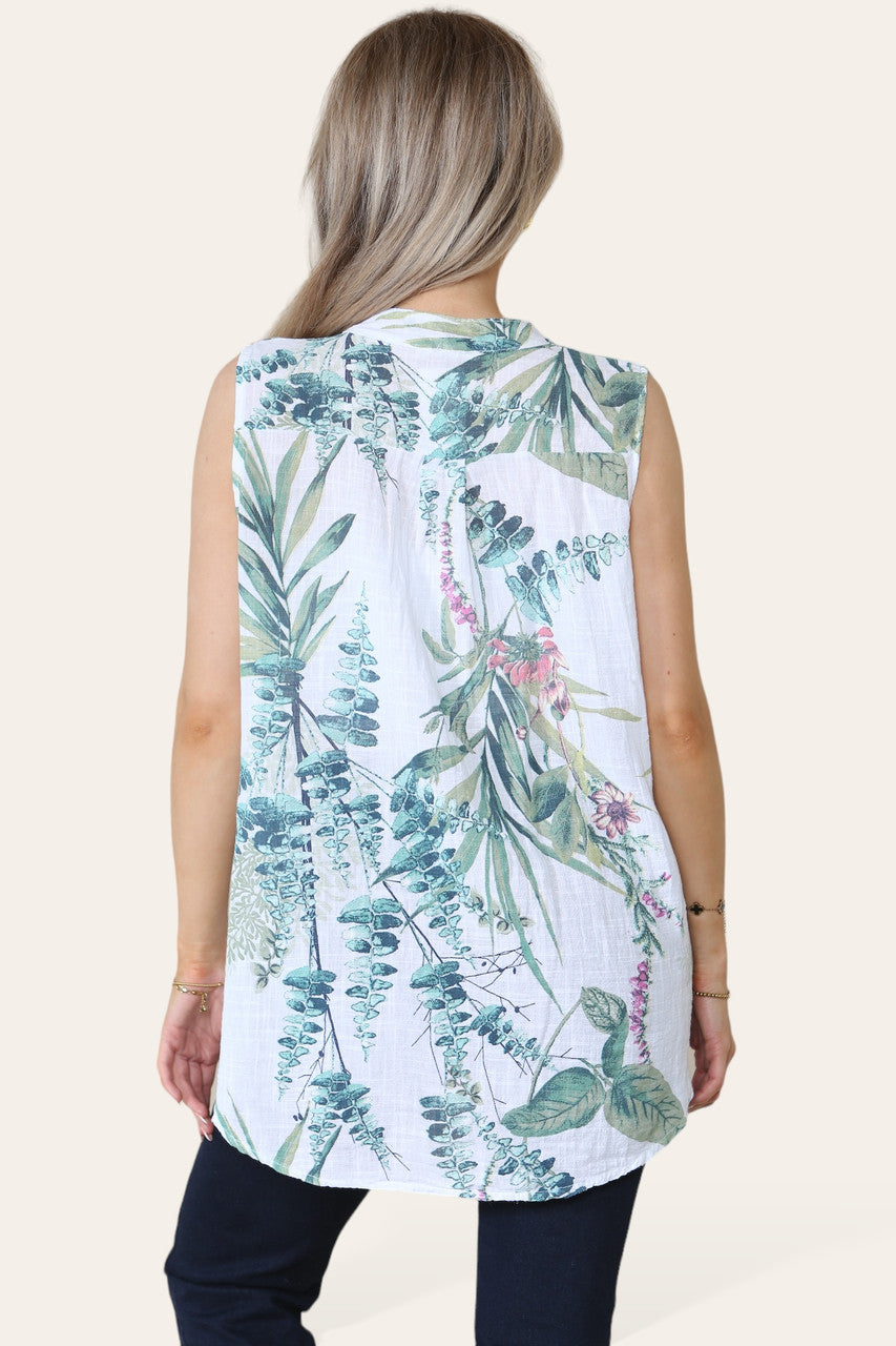 WITTE MOUWLOZE BLOES TOP MET BLAD BLOEMIGE MIX PRINT EN GRANDAD KRAAG