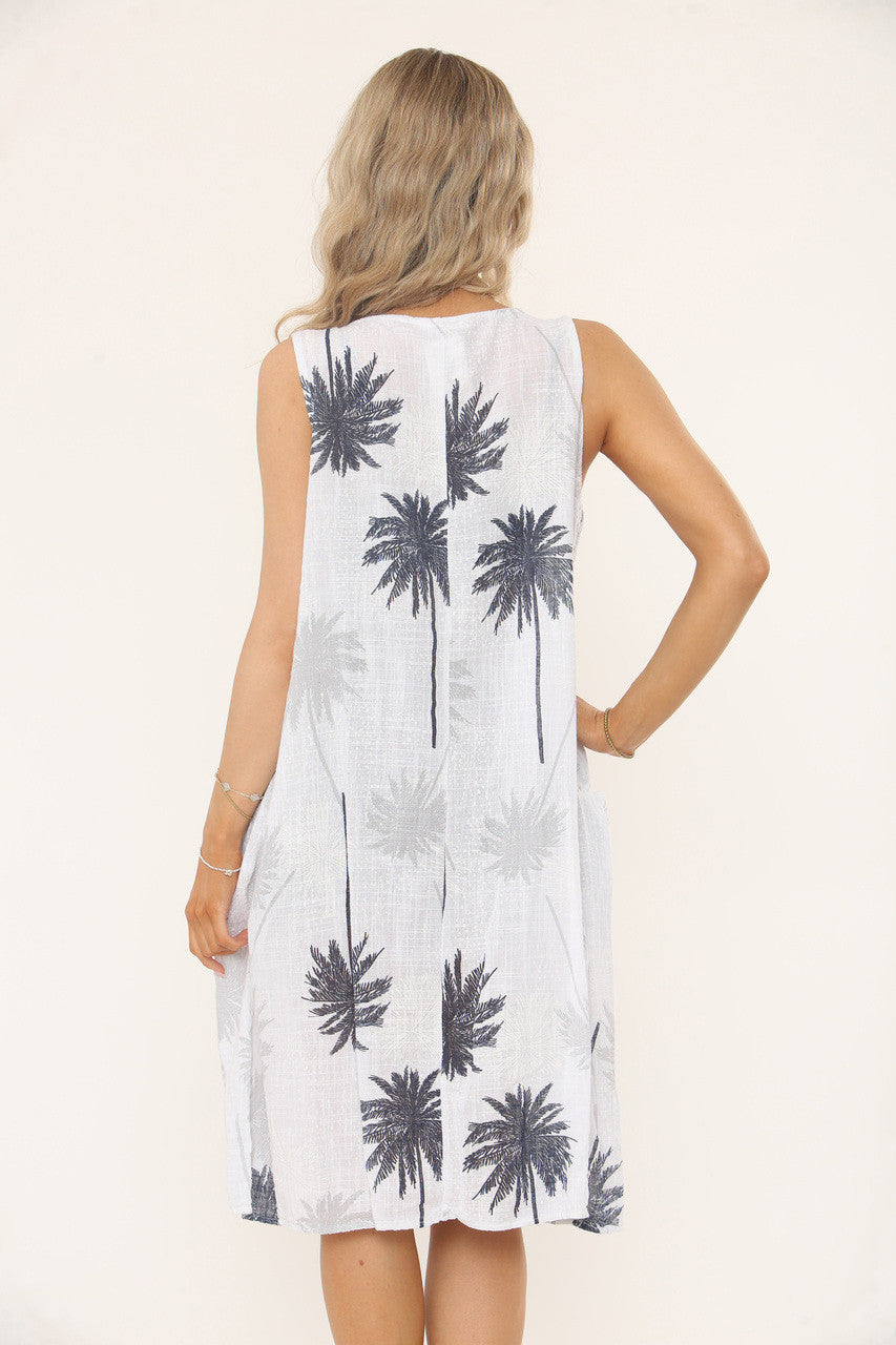 PALM PRINT MOUWLOZE JURK MET RELAXTE PASVORM - WIT