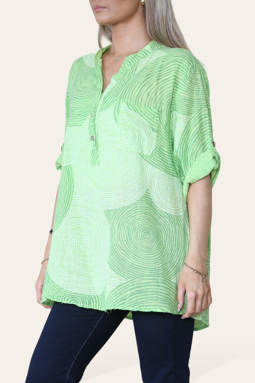 BLOUSE GRANDAD SHIRT MET CIRKELPRINT LIME