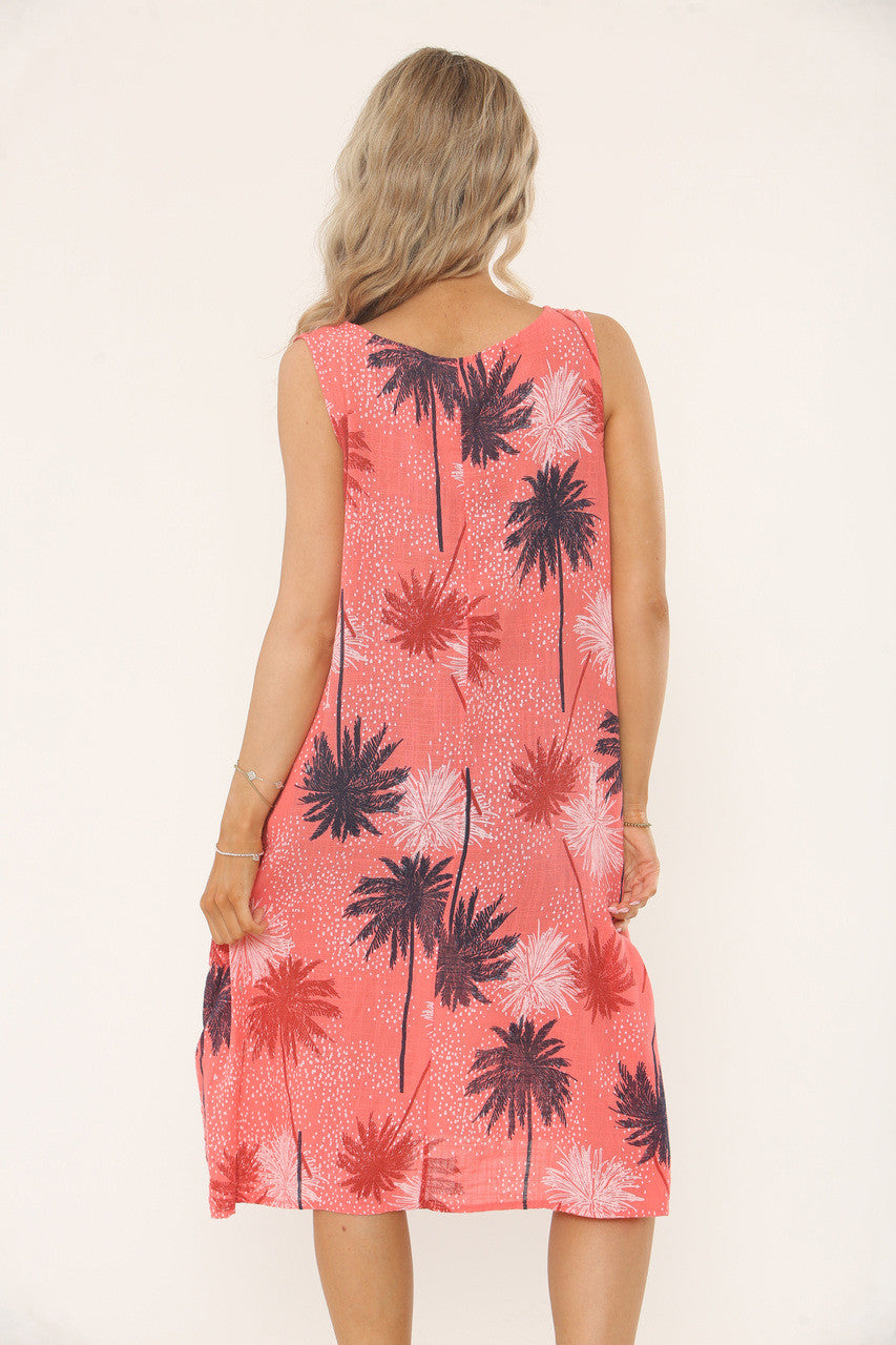 PALM PRINT RELAXED FIT SLEEVELESS DRESS - CORAL