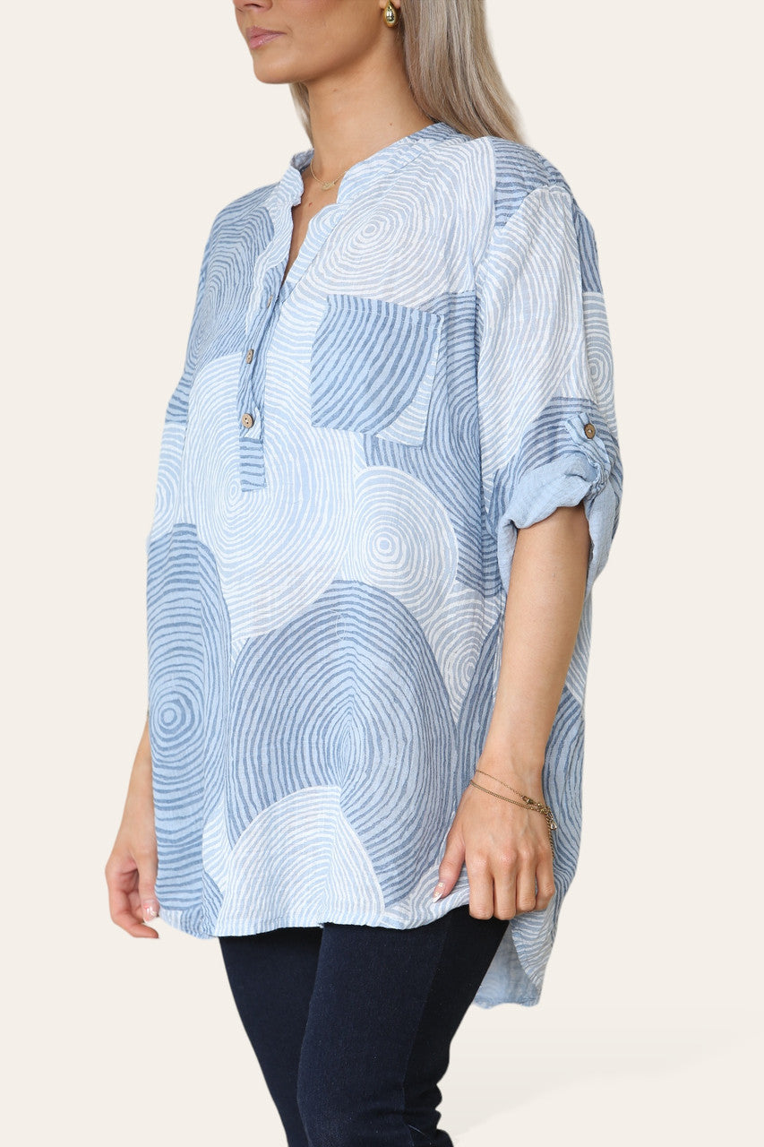 CIRCLES PRINT GRANDAD SHIRT BLOUSE LIGHT BLUE