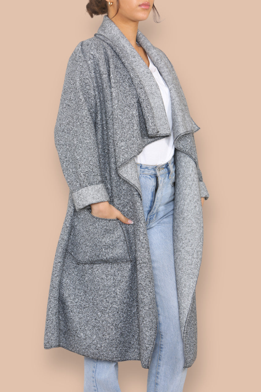 WATERFALL KNITTED WOOL LIGHTWEIGHT COAT GREY