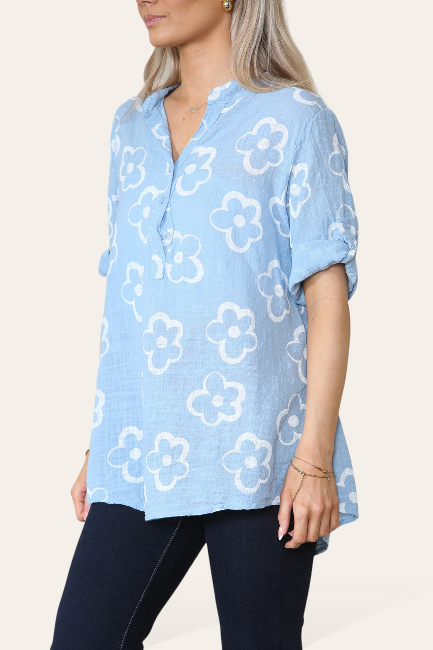 BLOEMEN STEMPELPRINT OVERHEMD MET GRANDAD KRAAG LICHTBLAUW