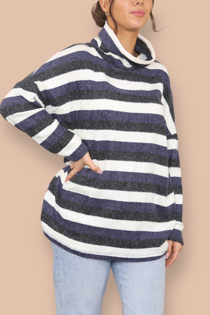 ROLL NECK FINE KNIT STRIPED JUMPER NAVY