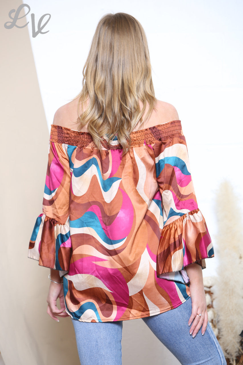 Ladies Elasticated Neckline Colour Swirls Print Blouse Top Rust