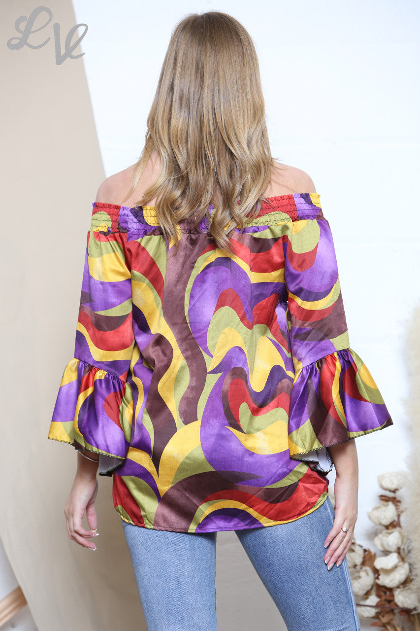 Ladies Elasticated Neckline Colour Swirls Print Blouse Top Purple